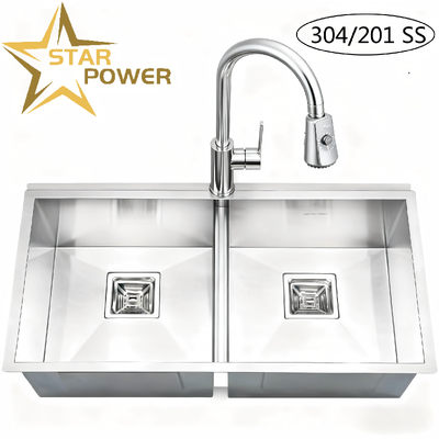 গুণ  STAR POWER Brushed 304 Stainless Steel Handmade Kitchen Sink with Double-Bowl Design and Pull-Out Faucet কারখানা