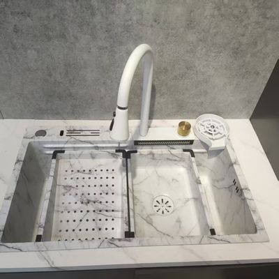 সাদা মাল্টিফাংশনাল রান্নাঘর সিঙ্ক ডাবল-বোল টপ-মাউন্ট স্টেইনলেস স্টীল