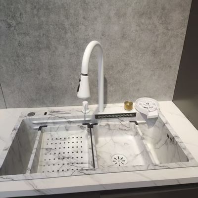 সাদা মাল্টিফাংশনাল রান্নাঘর সিঙ্ক ডাবল-বোল টপ-মাউন্ট স্টেইনলেস স্টীল