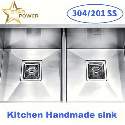 STAR POWER 304 Stainless Steel Handmade Double Bowl Kitchen Sink with Pull-Out Faucet