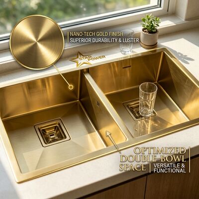 ভালো দাম Gold-Toned Food-Grade 304 Stainless Steel Main Auxiliary Bowl Kitchen Sink Flush-Mount 900mm 250mm Deep Basin অনলাইন