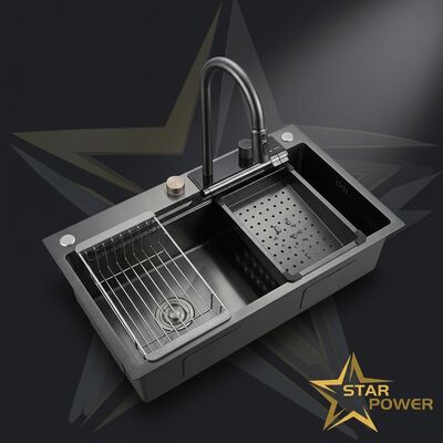 ভালো দাম PVD Vacuum-Plated Gunmetal Handmade 304 Stainless Steel Kitchen Sink Double Bowl 900mm 250mm Deep Basin অনলাইন