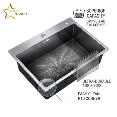 ভালো দাম 16 Gauge 304 Stainless Steel Deep Single Bowl Kitchen Sink Drop-in 33x22 Inch 10 Inch Basin Brushed Finish অনলাইন