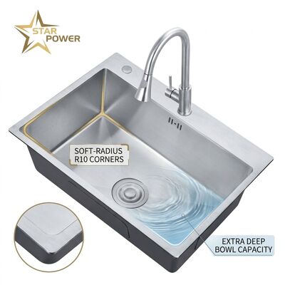 ভালো দাম Drop-In 27x18 Single Bowl Kitchen Sink SUS304 Handmade 22 Gauge Deep Basin অনলাইন